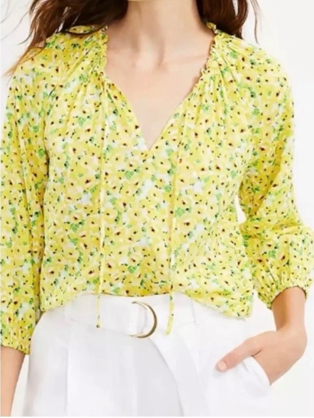 LOFT Yellow Floral Print Peasant Blouse Boho Tie Neck Size L 0414
